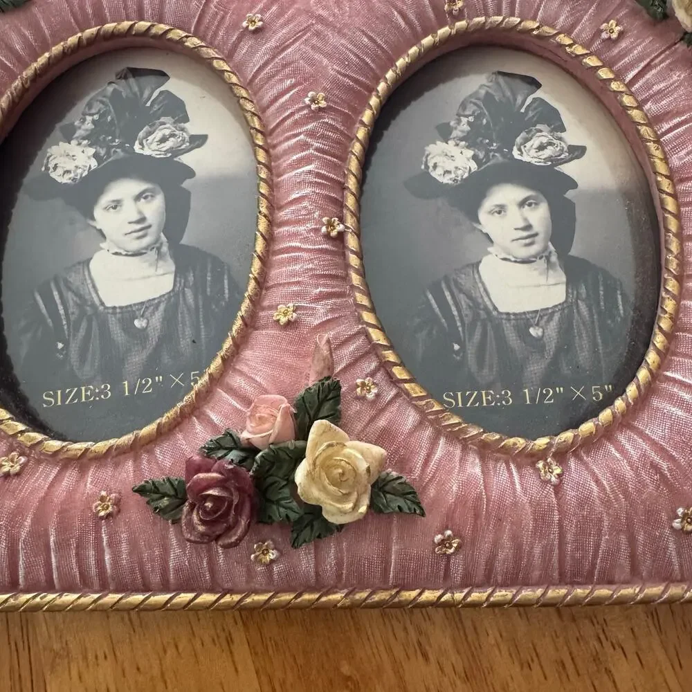 Vintage 1980s Pink 3D Roses Floral Victorian 3 Slot Photo Frame 7x14 Easel Back